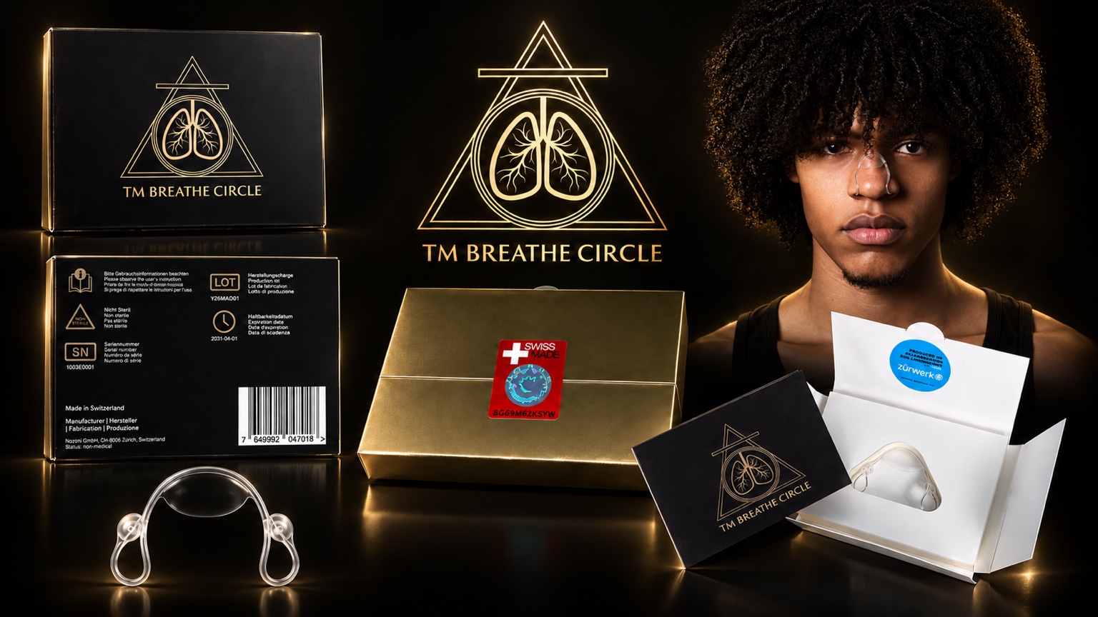Breathe Circle Nasendilatator, schwarze und goldene Verpackung und Anwendung im Original-Präsentationsbild